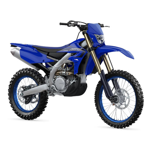 2023 Yamaha WR450F motocross motorcycle with off-road tires, sleek black and red body, and Yamaha logo on the fuel tank.