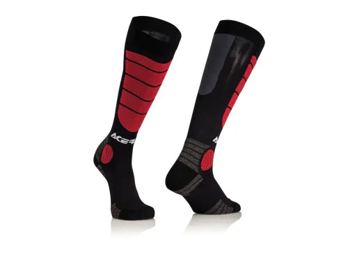 ACERBIS youth MX impact socks with reinforced heel and toe, featuring bold black and red design for motocross protection.