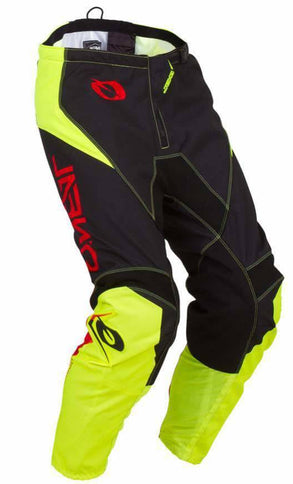 Bright neon yellow ONEAL MX racewear motocross pants with black accents, designed for high-performance motocross riding.