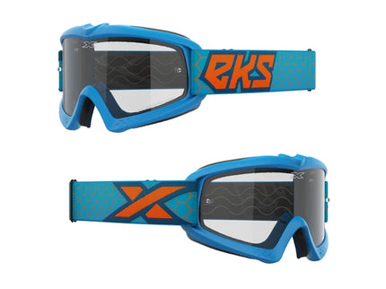 X-GROM Clear Youth MX Goggle with cyan and fluorescent orange straps, designed for motocross riding, featuring a clear lens.