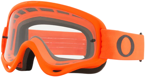 Oakley XS O-Frame MX Moto Goggle in orange with clear lens, designed for motocross riding and helmet compatibility.