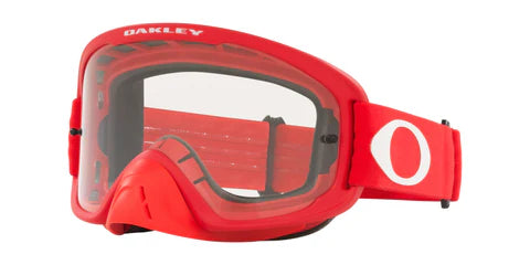 Oakley O-Frame 2.0 Pro MX goggles in red with clear lenses, designed for motocross riding with a durable frame and adjustable strap.