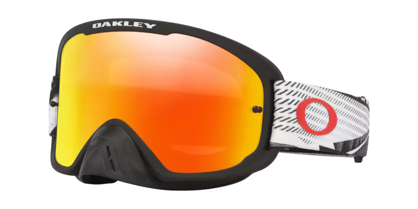 Oakley O FRAME 2.0 Pro MX goggles in black forge fire iridium with clear lenses for motocross riding.