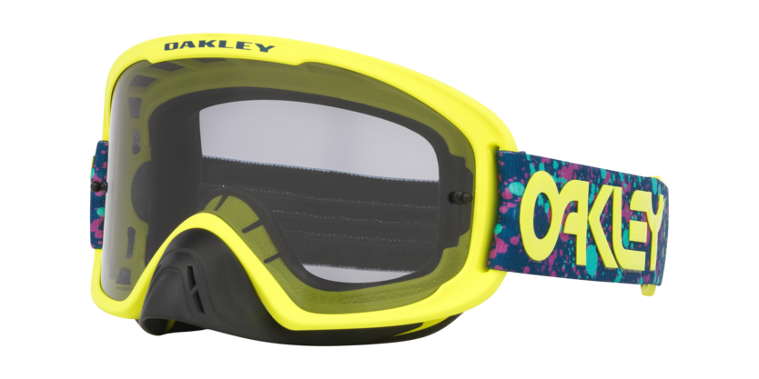 Oakley O FRAME 2.0 Pro MX goggles in Jaxson Blue with clear lenses and adjustable strap for motocross riding.