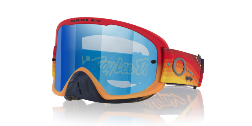 Oakley O-Frame PRO MX Goggle in red-orange with black ice lens, featuring an O-Frame design for motocross riding visibility.
