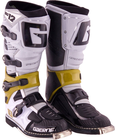 GAERNE SG12 grey magnesium MX boots with sturdy construction and ergonomic design, suitable for motocross riding.
