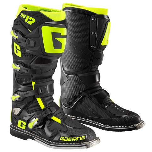 GAERNE SG12 MX motocross boots in black and yellow with fluorescent accents, featuring sturdy design for off-road riding.