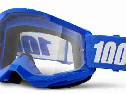 Blue and clear MX goggles from 100% STRATA 2 series with a sleek design and tinted blue lens for motocross riding.