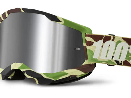 100% Strata 2 MX goggles with camouflage frame and mirrored lens for motocross racing.