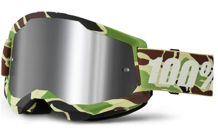 100% Strata 2 MX goggles with camouflage frame and mirrored lens for motocross racing.