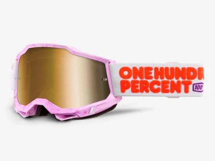 100% ACCURI 2 MX goggles with gold mirror lens, featuring a sleek frame and reflective gold visor for motocross riding.