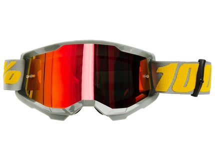 100% Strata 2 MX goggles with red frame and mirrored lenses, designed for motocross riding.