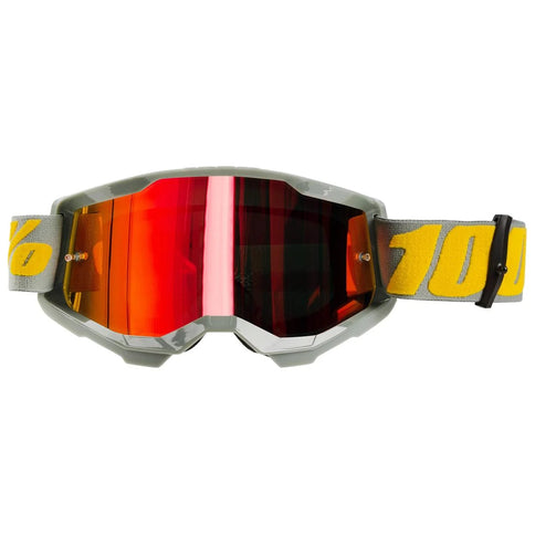 100% Strata 2 MX goggles with red frame and mirrored lenses, designed for motocross riding.