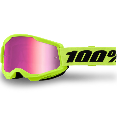 100% STRATA 2 MX goggles with neon yellow and pink mirror lenses, featuring a sleek motocross design and adjustable strap.