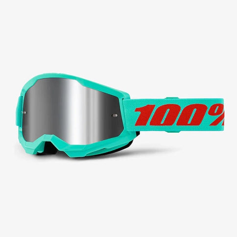 100% STRATA 2 MX Goggle with Maupiti Silver Mirror lens, featuring a sleek frame and reflective mirror finish.