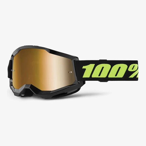 100% STRATA 2 MX goggles with solar eclipse gold mirror lenses, designed for motocross riders to protect eyes and enhance visibility.