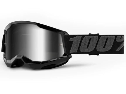 Black STRATA 2 MX goggles with silver mirror lens by 100%, showcasing the sleek design and reflective lens for motocross riding.