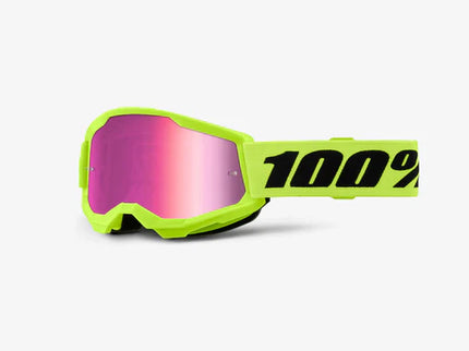 Yellow junior motocross goggles with pink mirror lens from 100% STRATA 2 JNR MX Goggle collection.
