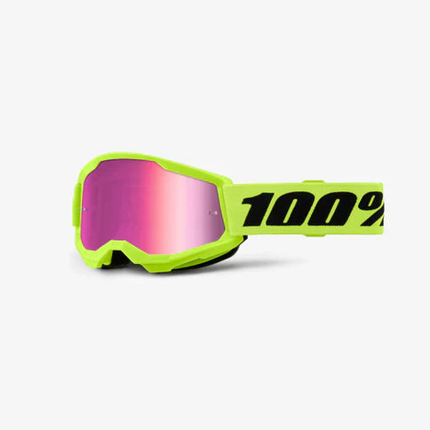Yellow junior motocross goggles with pink mirror lens from 100% STRATA 2 JNR MX Goggle collection.