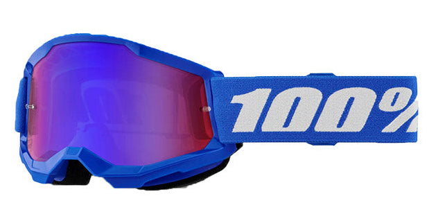 Blue 100% STRATA 2 MX goggles with red mirrored lenses, designed for motocross riding and helmet compatibility.