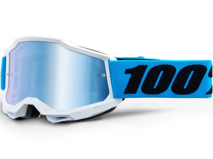 Blue ACCURI 2 JNR MX goggles by 100%, featuring a sleek mirror lens and adjustable strap for youth motocross riding.