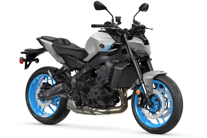 Yamaha MT-09 Hyper Naked motorcycle with sleek gray body and modern design, front view showing aggressive headlights and sporty styling.
