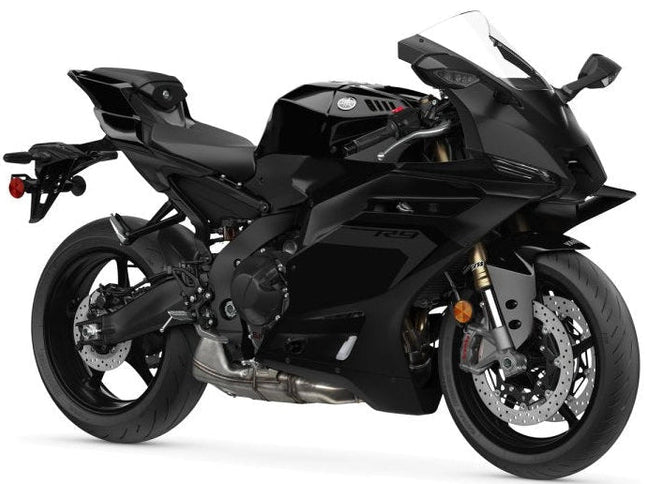 Yamaha YZF-R9 motorcycle with sleek black and red design, featuring aerodynamic fairings and sporty stance.
