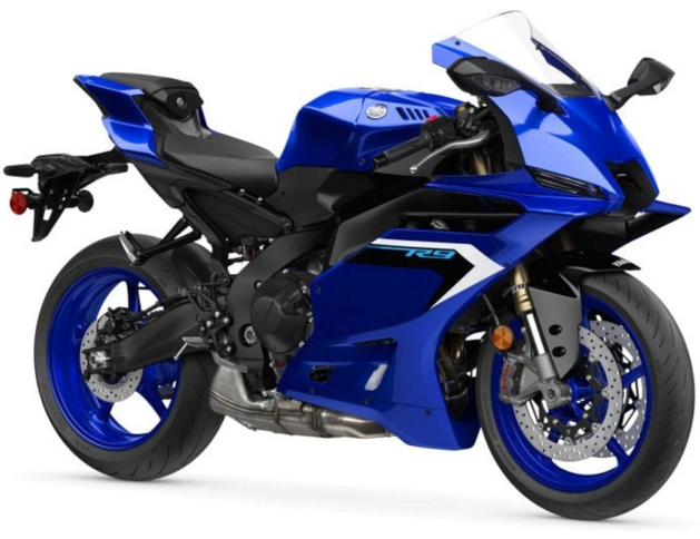 Yamaha YZF-R9 motorcycle with sleek blue and black sporty design, shown from the side with detailed bodywork and racing-style features.