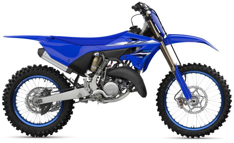 YAMAHA YZ125X dirt bike with blue and white body, knobby tires, and racing decals, front view showing handlebars and suspension.