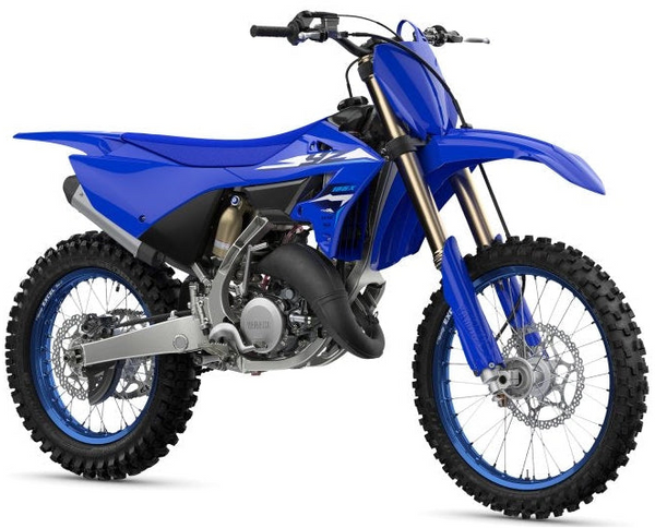 Yamaha YZ125X dirt bike with blue and white bodywork, knobby tires, and off-road racing features in a dynamic outdoor setting.