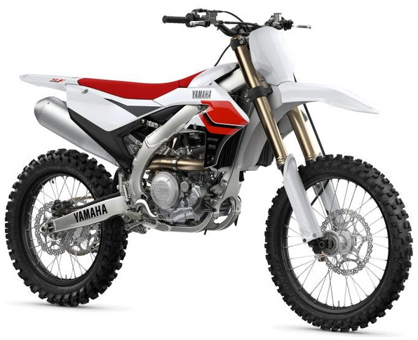 Yamaha YZ450F 70th Anniversary motocross motorcycle with red and black design, front view showing aggressive styling and branding.