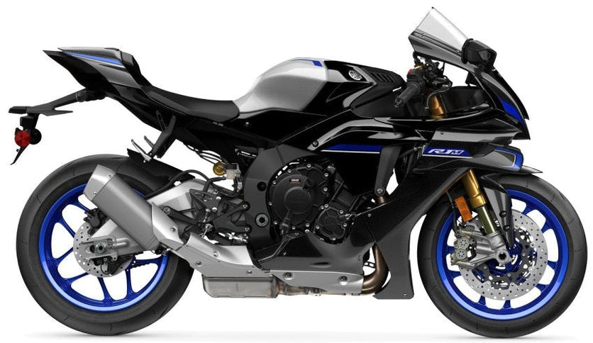 Yamaha 2025 R1M sport motorcycle with sleek black design and aggressive styling, front view showcasing aerodynamic features.