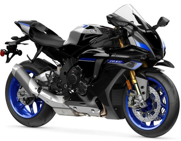 Yamaha 2025 R1M motorcycle with sleek blue and black design, front view showing aggressive styling and advanced features