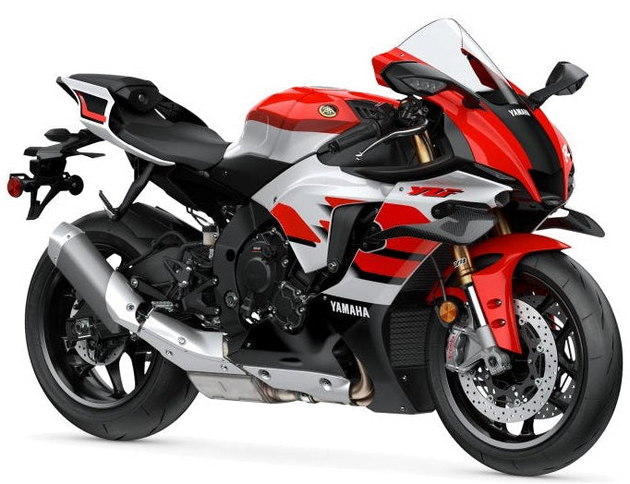 Yamaha YZF-R1 motorcycle with sleek blue and black body, front view showing aerodynamic fairing and aggressive stance.
