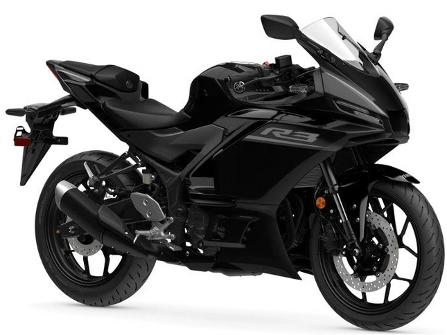 Yamaha YZF-R3 supersport motorcycle with blue and black fairing, sporty design, and aggressive stance.