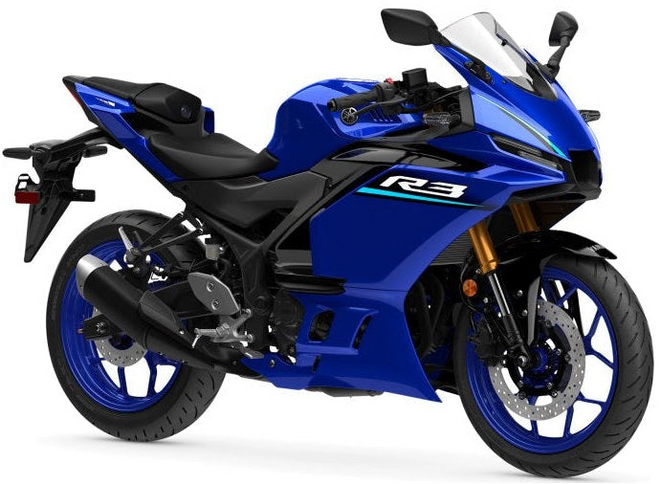 Yamaha YZF-R3 supersport motorcycle with blue and black bodywork, sport riding position, and aerodynamic design.