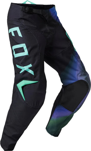 Black FOX Toxsyk MX pants with reinforced knee panels and adjustable waist, designed for motocross riding.