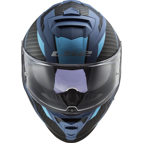 LS2 FF800 Storm Racer matte blue road helmet with aerodynamic design and adjustable straps, front view.