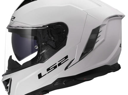 White LS2 STORM 3 road helmet with aerodynamic design and adjustable vents, shown from a front-side view.