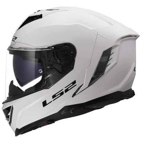 White LS2 STORM 3 road helmet with aerodynamic design and adjustable vents, shown from a front-side view.
