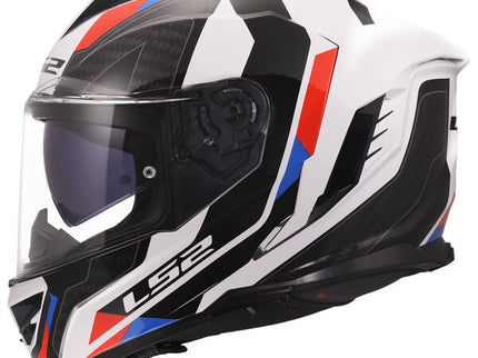 LS2 STORM 3 SPORTY white, blue, and red road helmet with aerodynamic design and secure chin strap.