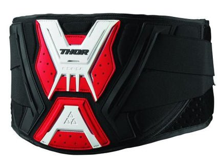 Black and red THOR FORCE kidney belt with adjustable straps and padded support for motocross and off-road riding.