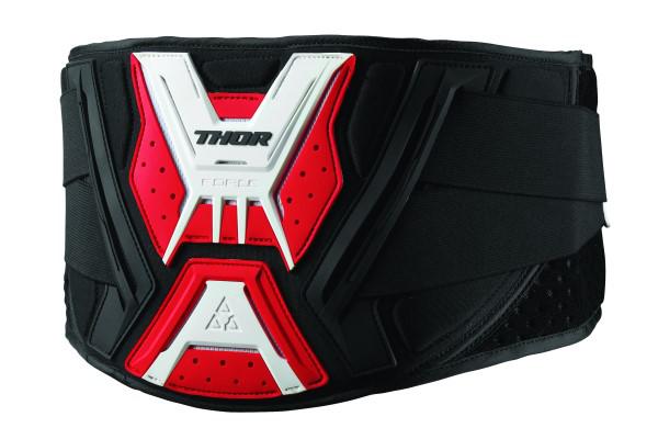 Black and red THOR FORCE kidney belt with adjustable straps and padded support for motocross and off-road riding.