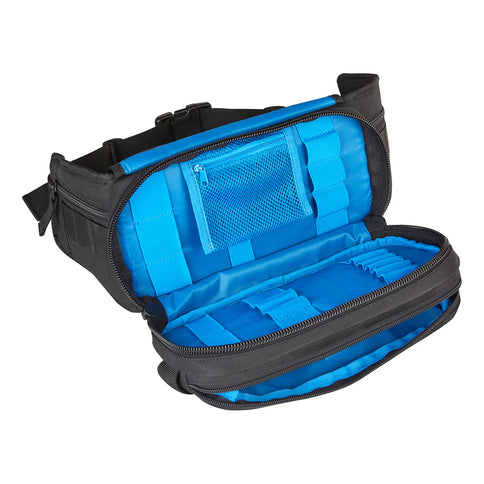 Black FOX Deluxe Toolpack with multiple compartments and adjustable straps, designed for carrying tools securely and comfortably.