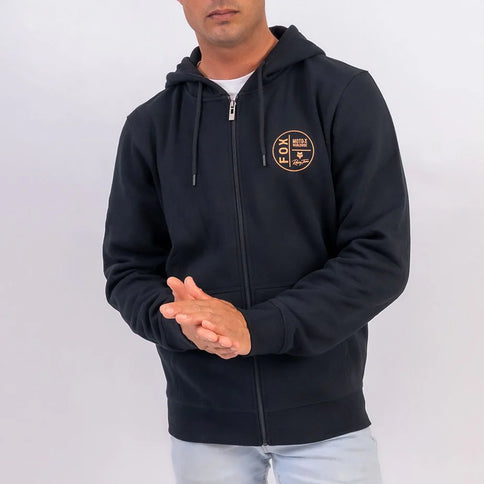 FOX Circular Zip Hoody, a stylish black zip-up hoodie with FOX logo, featuring a comfortable fit and casual design.