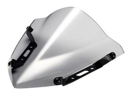 Yamaha MT-09 fly screen part, black motorcycle wind deflector with mounting brackets, designed for Yamaha sport bikes.