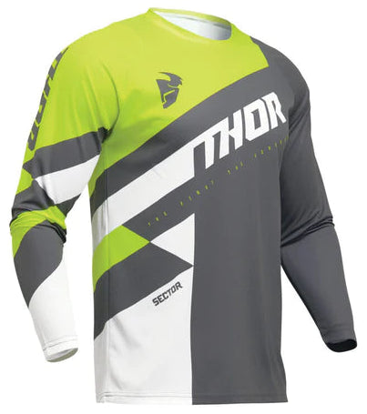 Grey and acid-colored SECTOR MX jersey by THOR featuring a checker pattern, designed for motocross riding.