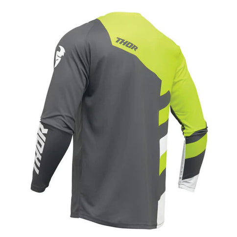 THOR SECTOR Checker MX jersey in grey and acid with bold checker pattern, long sleeves, and breathable fabric.