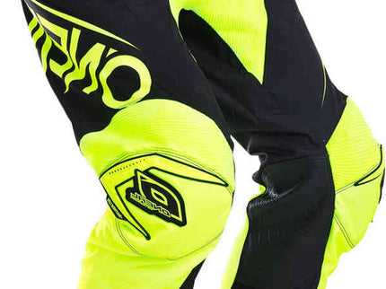 Black MX pants from ONEAL Mayhem Lite series with hi-viz accents, designed for motocross riding and protection.