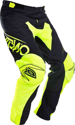 Black MX pants from ONEAL Mayhem Lite series with hi-viz accents, designed for motocross riding and protection.